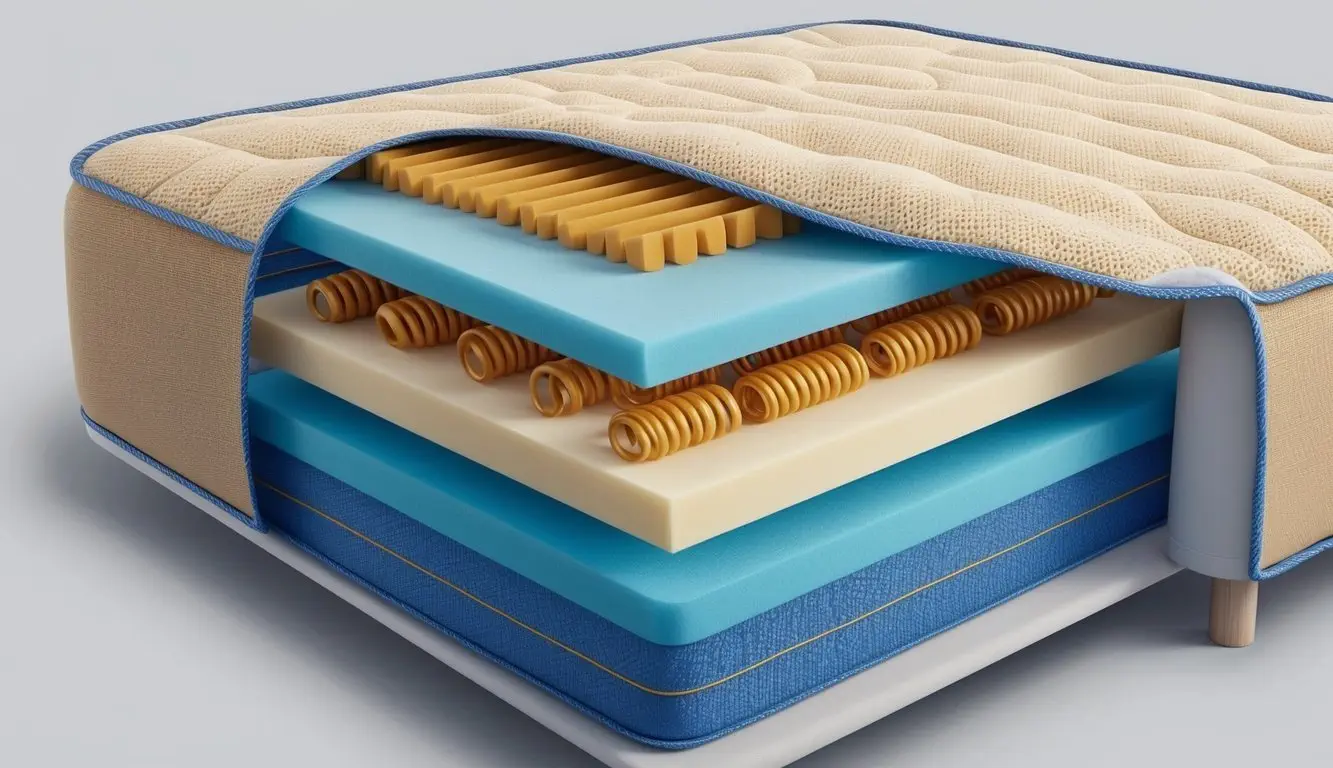 Layers of foam and coils arranged inside a mattress, with a fabric covering and stitching details