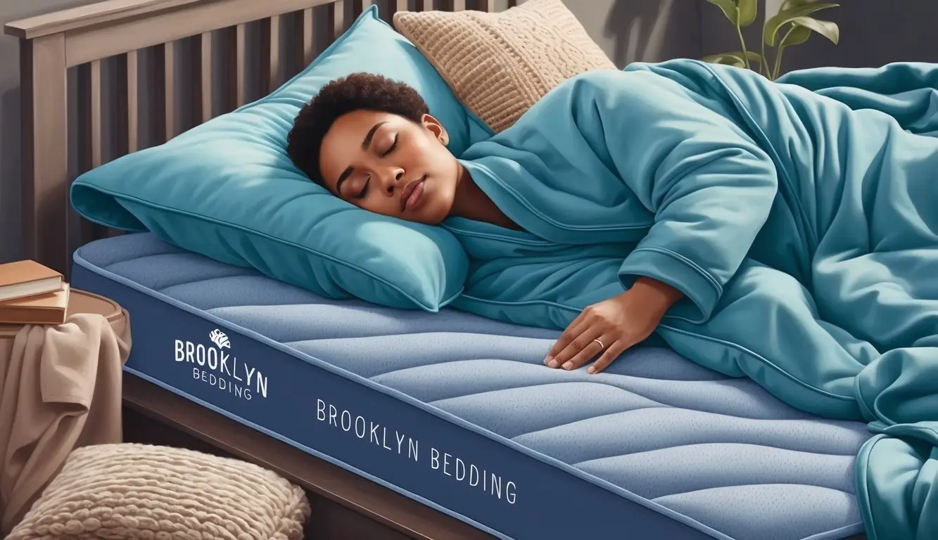 A person sleeping peacefully on a Brooklyn Bedding mattress, surrounded by cozy blankets and pillows, with a serene expression on their face