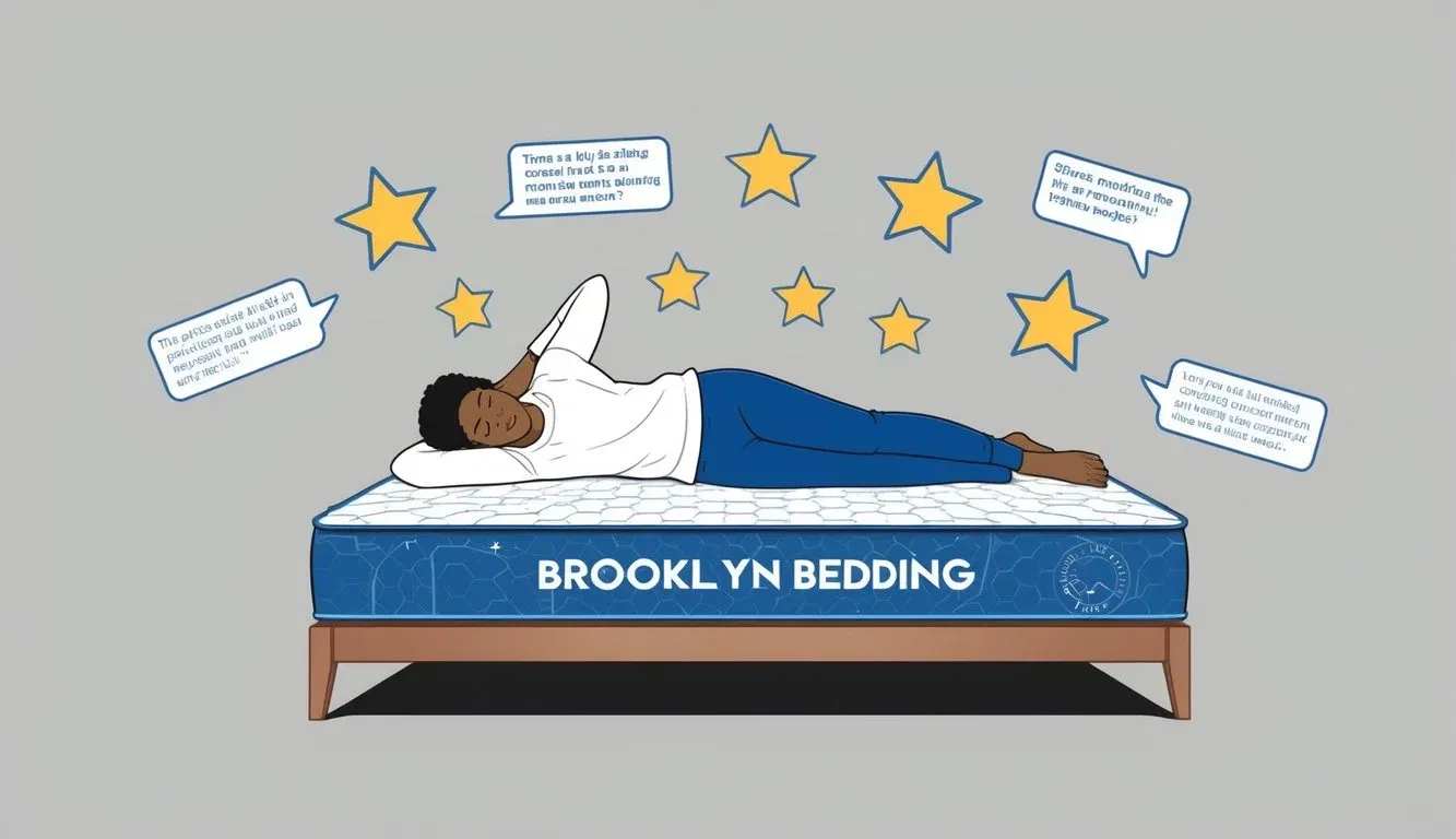 A person lying on a Brooklyn Bedding mattress, surrounded by various review stars and comments floating in the air