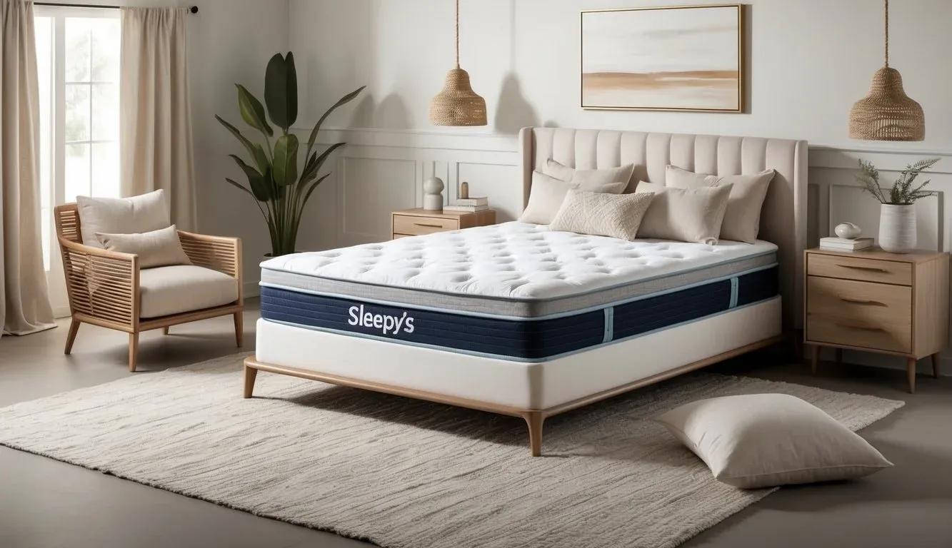 A serene bedroom with a Sleepy's mattress as the focal point, surrounded by soft, neutral-colored bedding and tranquil decor
