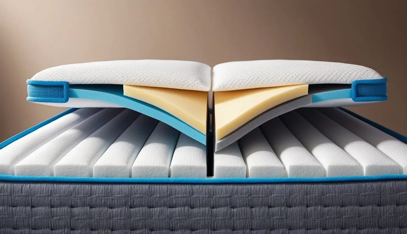 A mattress cut in half to reveal layers of foam and springs, with a focus on the stitching and material quality