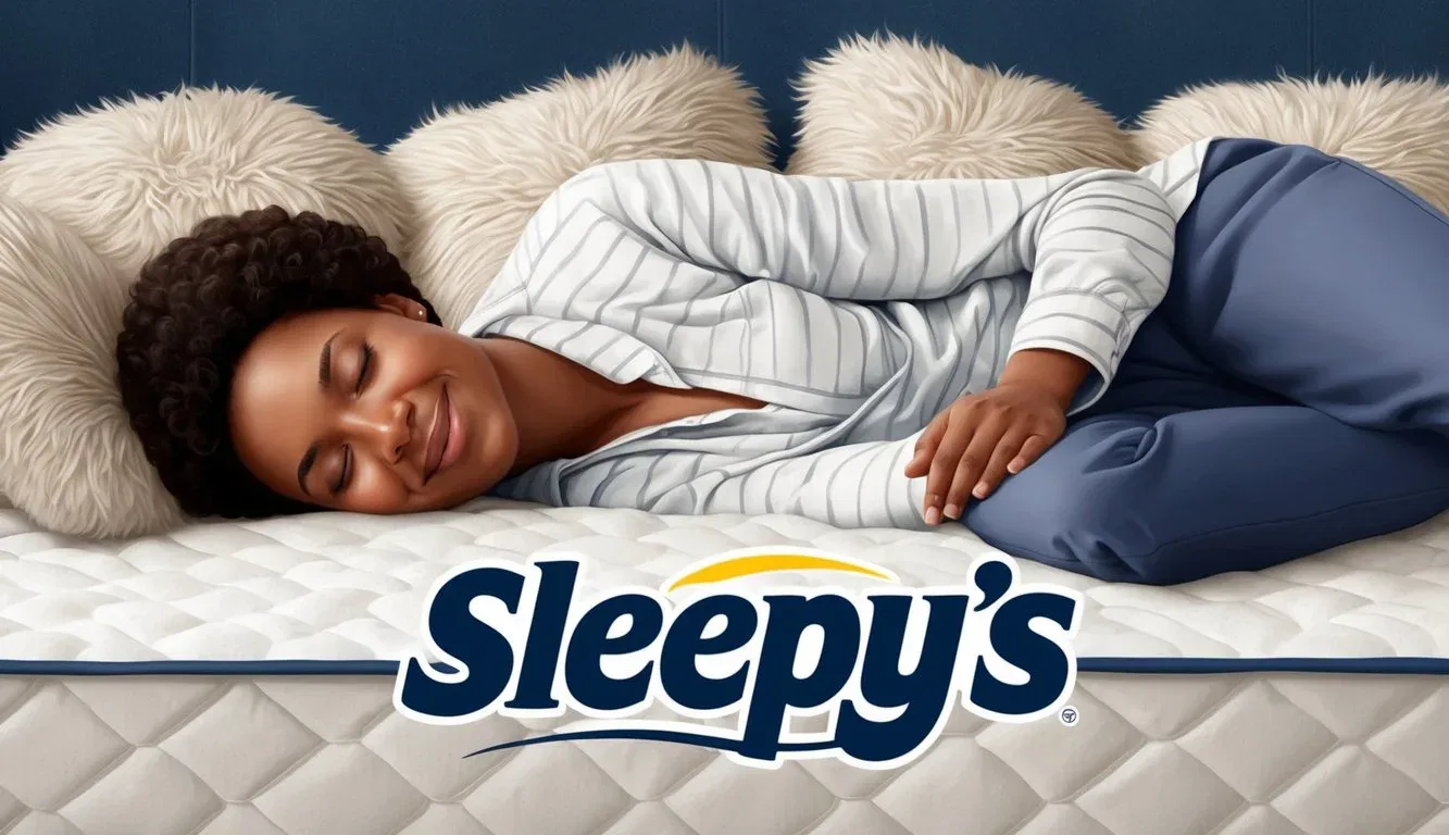 A person lying on a Sleepys mattress, surrounded by fluffy pillows, with a contented expression on their face