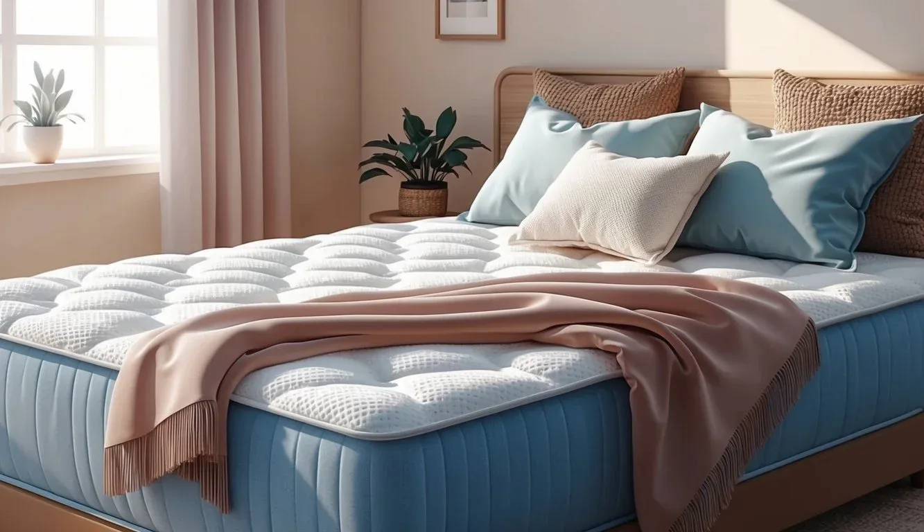 A cozy bedroom with a plush Sleepy's mattress, adorned with soft pillows and a warm blanket. The room is bathed in soft, natural light, creating a peaceful and inviting atmosphere
