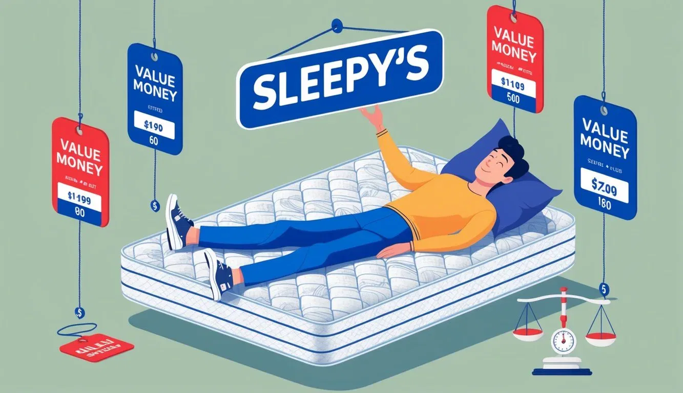 A person lying comfortably on a Sleepys mattress, surrounded by various price tags and a scale representing value for money
