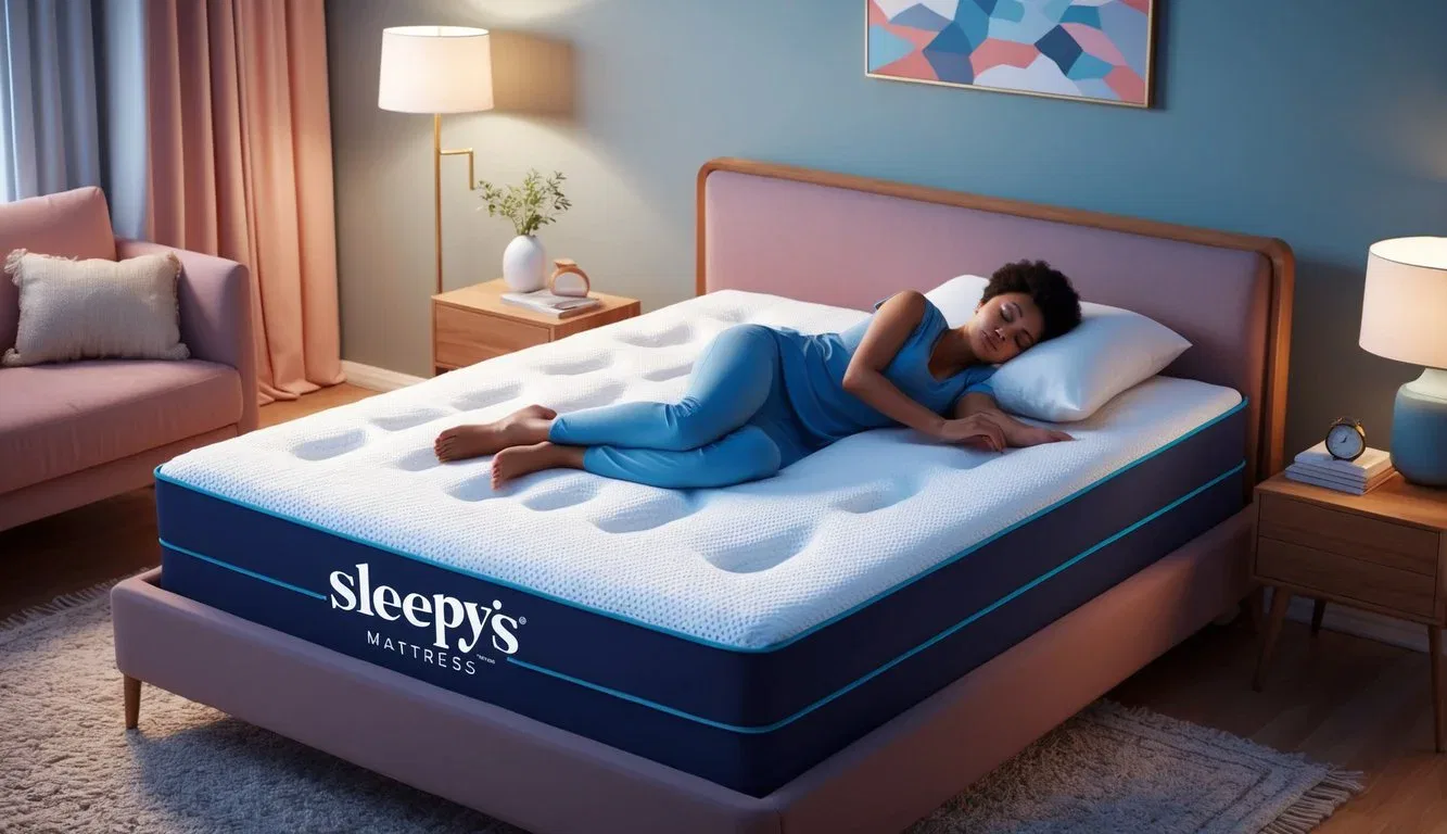A person sleeping peacefully on a Sleepys mattress, surrounded by a cozy bedroom with soft lighting and a serene atmosphere