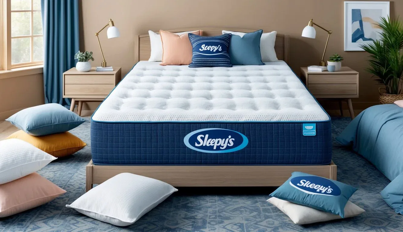 A cozy bedroom with a Sleepy's mattress as the focal point, surrounded by additional Sleepy's products such as pillows, sheets, and a comforter