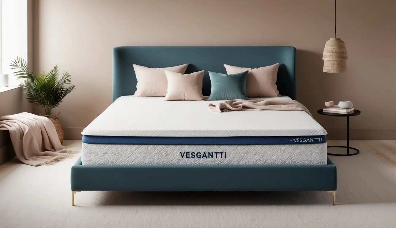 A serene bedroom with a Vesgantti mattress on a sleek bed frame, surrounded by soft pillows and a cozy blanket