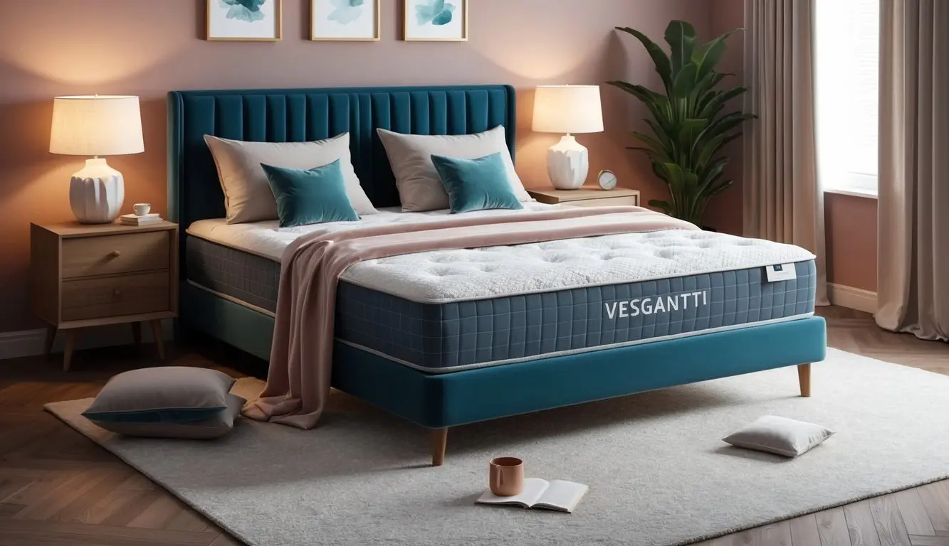 A cozy bedroom with a Vesgantti mattress surrounded by plush pillows and a soft, warm blanket