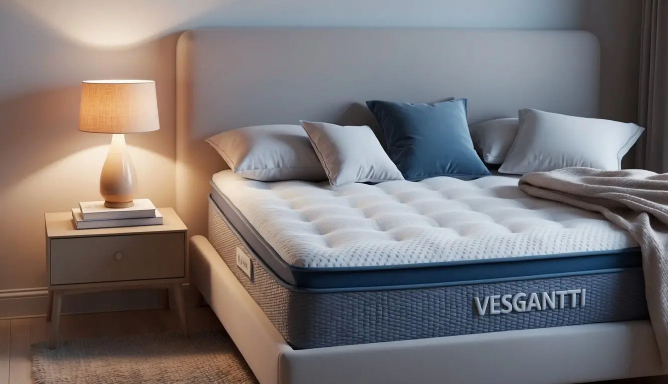 A serene bedroom with a Vesgantti mattress as the focal point, surrounded by soft pillows and a cozy blanket. A nightstand holds a book and a lamp, casting a warm glow