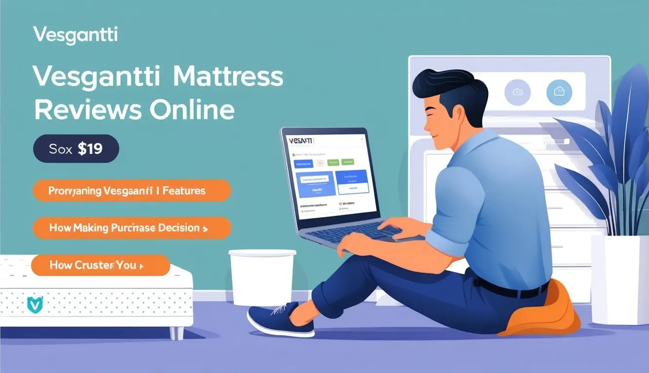 A customer browsing Vesgantti mattress reviews online, comparing prices and features before making a purchase decision