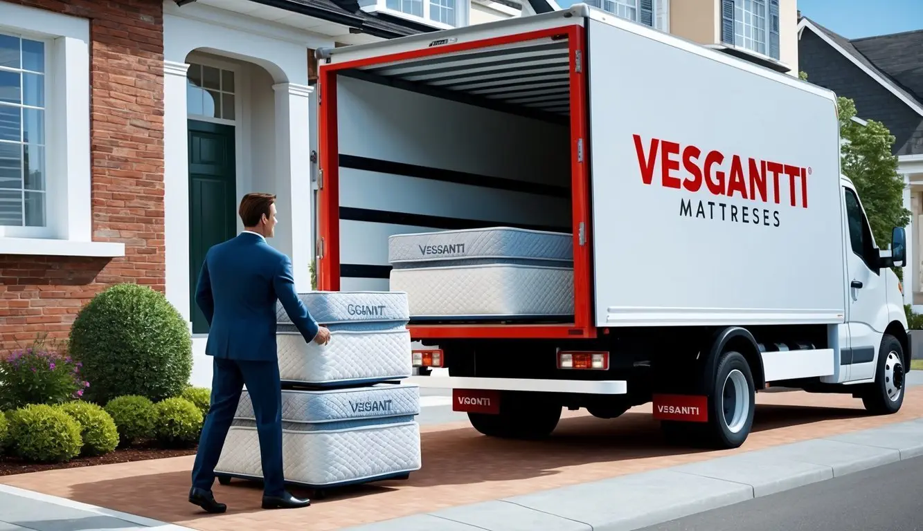 A delivery truck unloading Vesgantti mattresses at a customer's doorstep