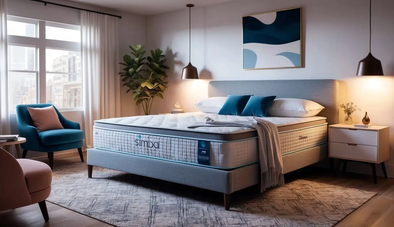 A cozy bedroom with a Simba Hybrid Pro mattress as the focal point, surrounded by modern furniture and soft lighting