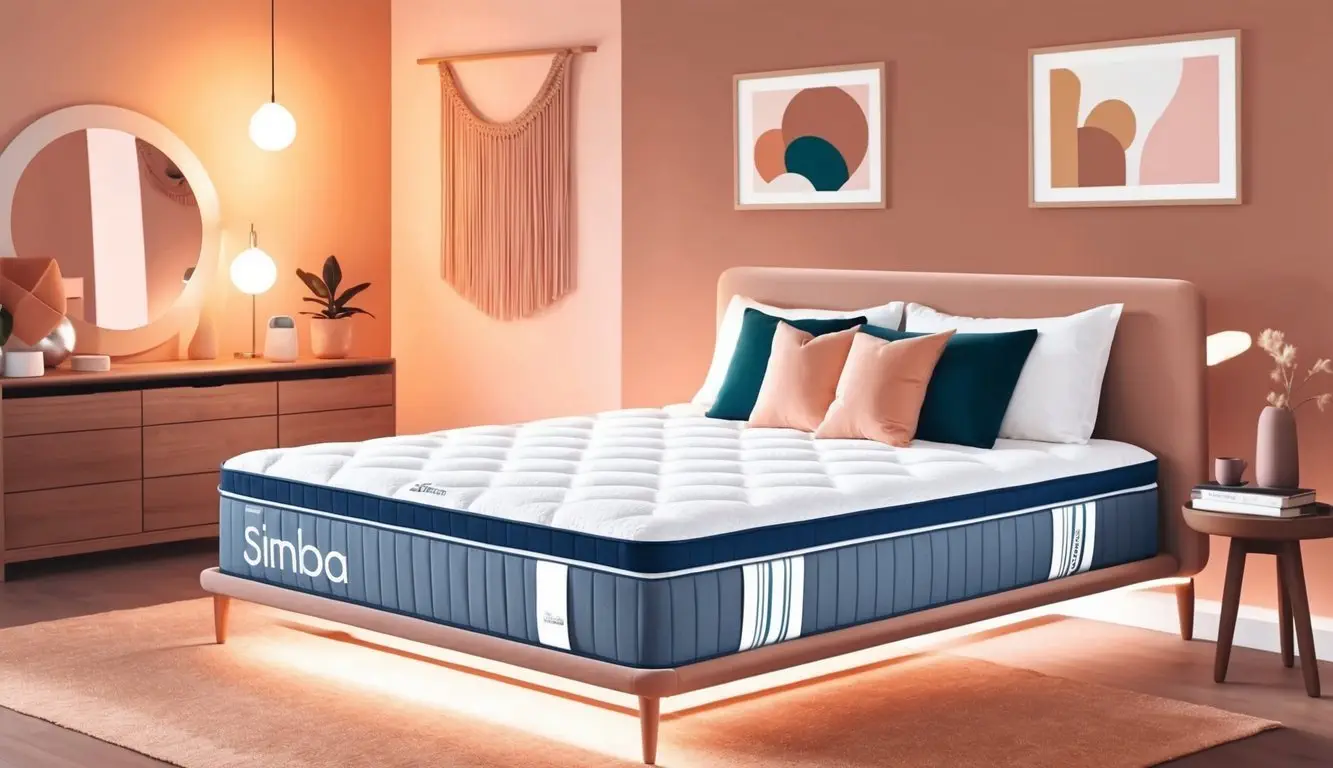 A cozy bedroom with a Simba Hybrid Pro mattress and pillows, surrounded by soft lighting and a warm color palette