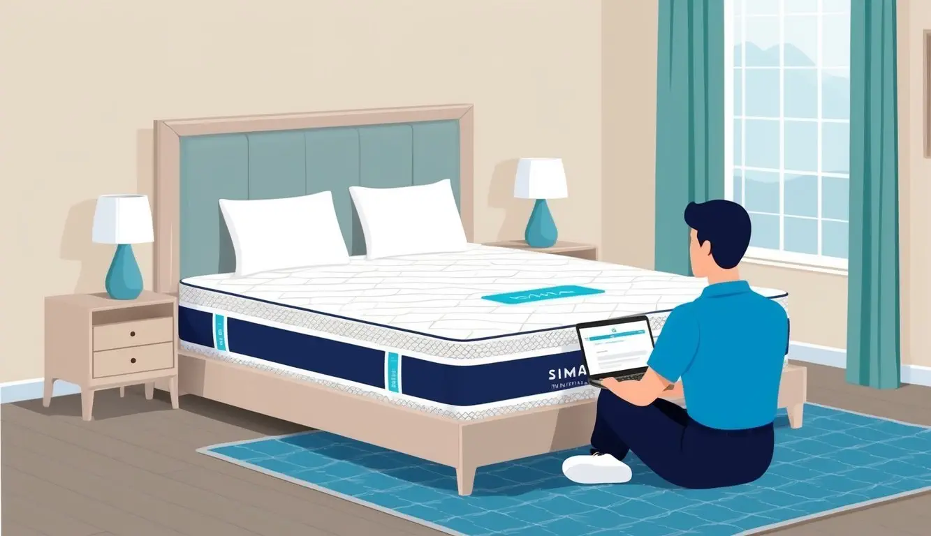 A serene bedroom with a neatly made bed, a Simba Hybrid Pro mattress, and a satisfied customer writing a review on a laptop