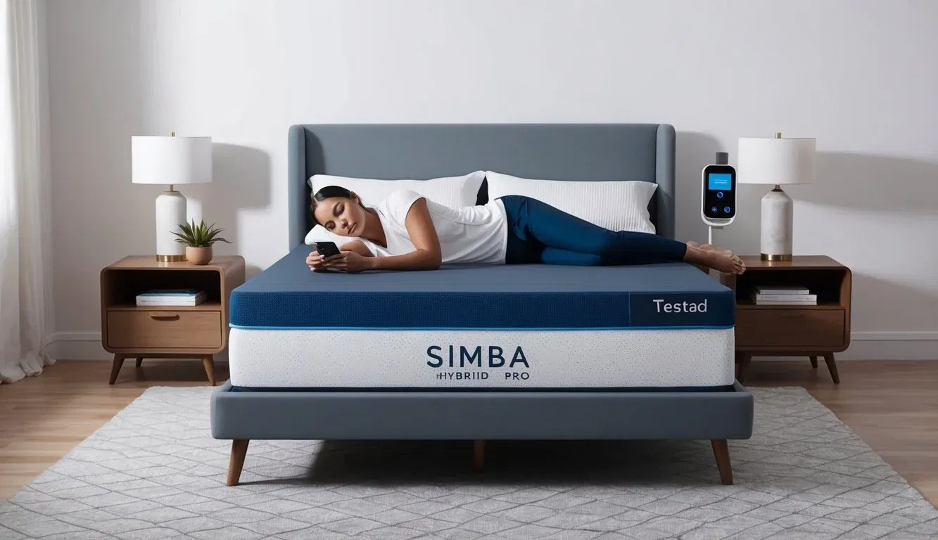 A sleek Simba Hybrid Pro mattress being tested on a bed frame with a person lying down and a digital device measuring its firmness and support