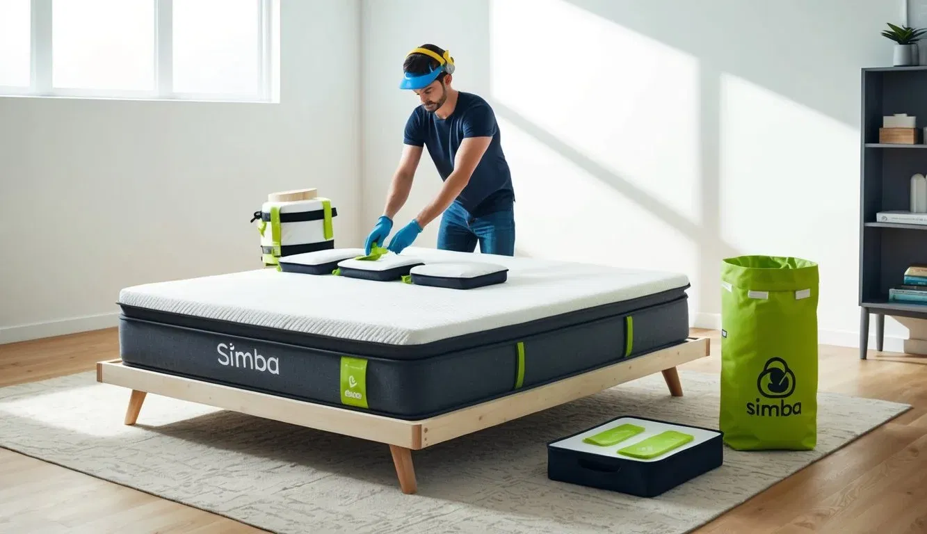 A person assembling a Simba Hybrid Pro mattress with safety gear and eco-friendly materials in a bright, well-ventilated room