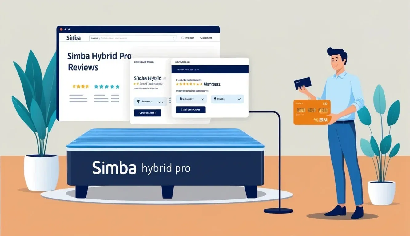 A customer browsing online, comparing Simba Hybrid Pro mattress reviews, adding to cart, and completing the purchase with a credit card