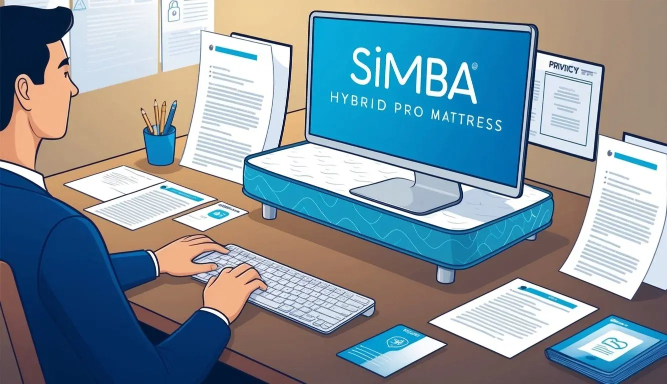A person sitting at a desk, surrounded by legal documents and privacy policies, typing on a computer while reviewing a Simba Hybrid Pro mattress