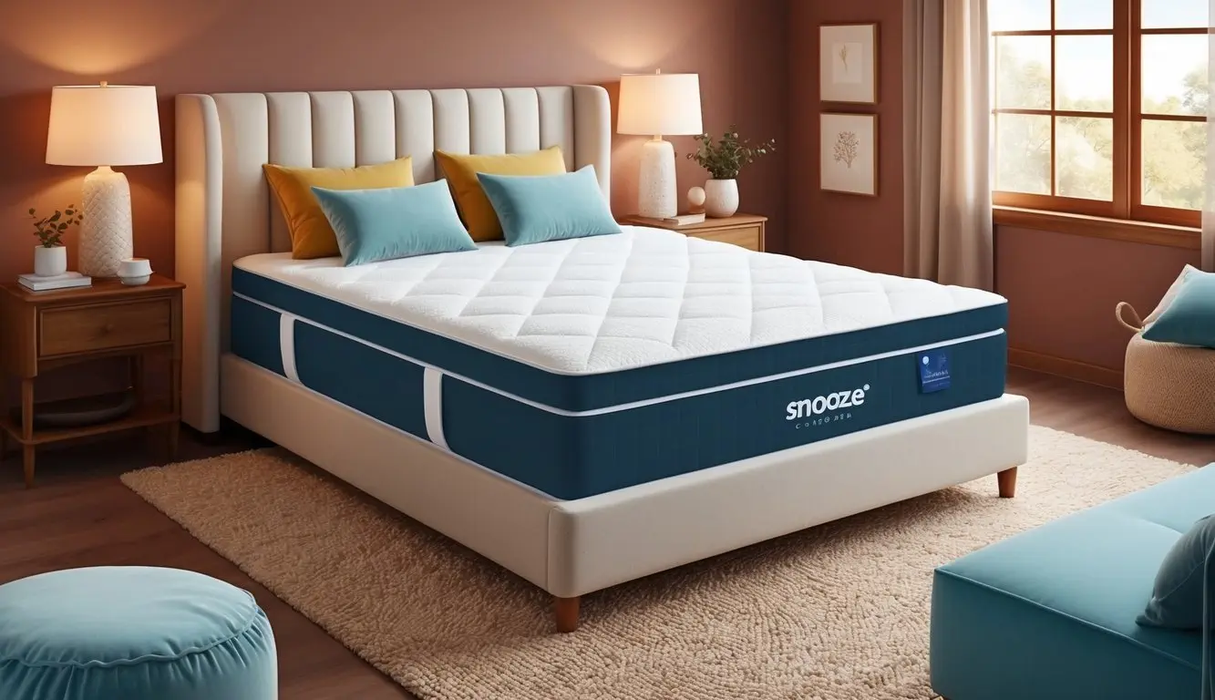A cozy bedroom with a comfortable Snooze Mattress as the focal point, surrounded by soft, inviting bedding and a warm, welcoming atmosphere