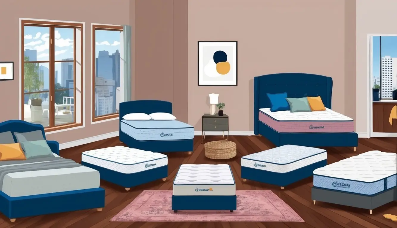 A bedroom with various mattresses arranged for review