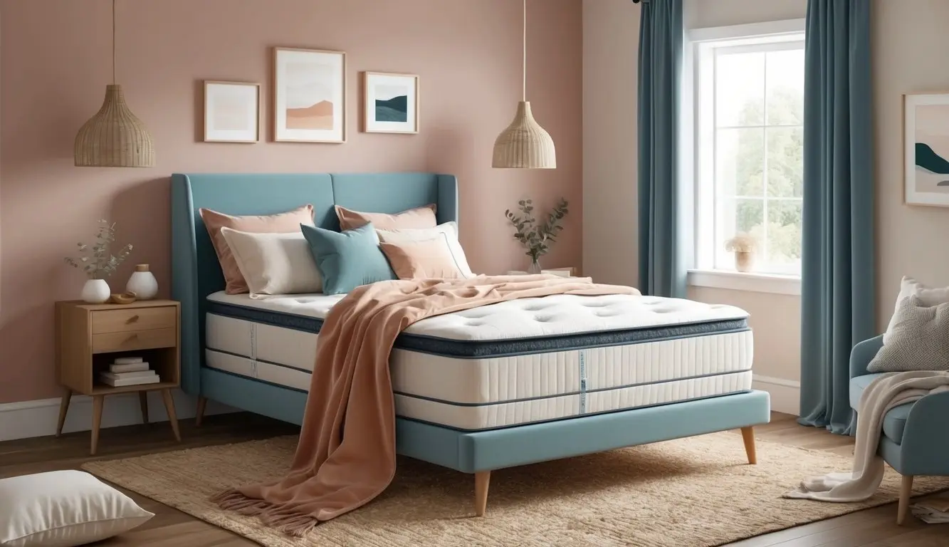 A serene bedroom with a cozy bed and supportive mattress, surrounded by soft pillows and warm blankets