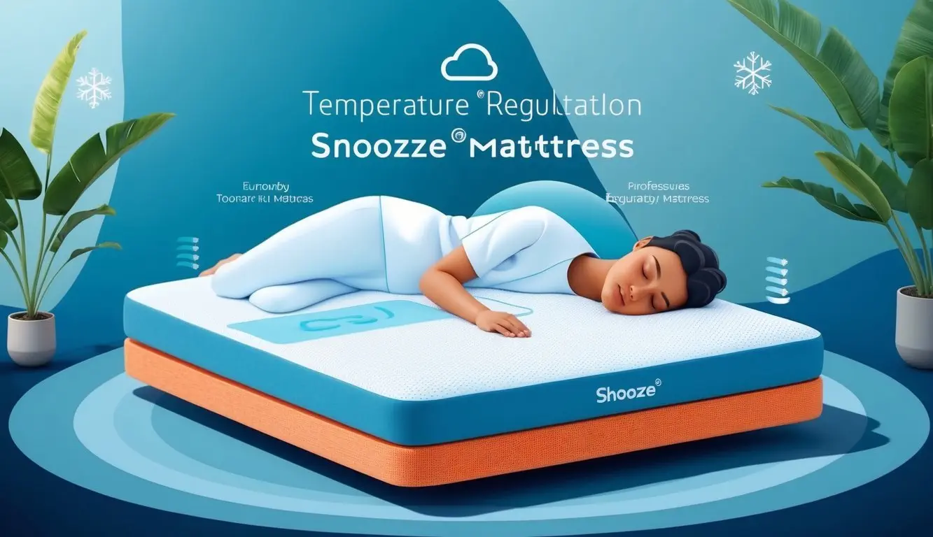 A person sleeping comfortably on a Temperature Regulation Snooze Mattress, surrounded by a cool, tranquil atmosphere