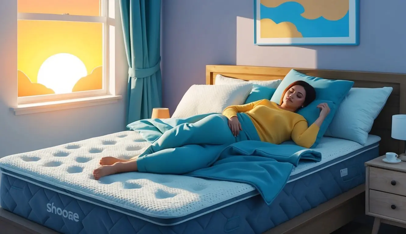 A cozy bedroom with a Snooze mattress. A person lying comfortably on the mattress, surrounded by pillows and blankets. Sunrise streaming in through the window