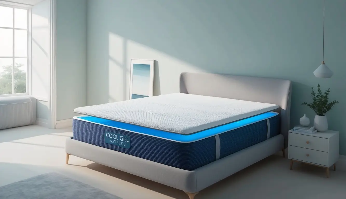 A serene bedroom with a modern, comfortable cool gel mattress as the focal point. The room is softly lit with a calming ambiance