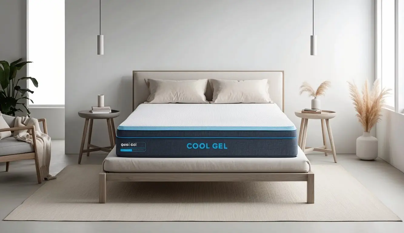 A serene bedroom with a sleek, modern cool gel mattress atop a sturdy bed frame, surrounded by soft, neutral-colored bedding and minimalist decor