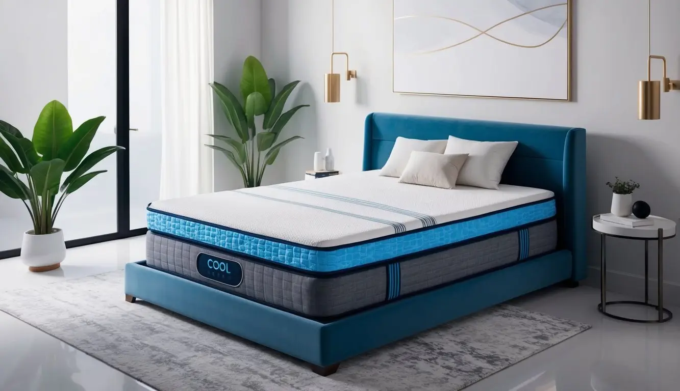 A cool gel mattress with advanced features and technology, surrounded by a modern bedroom setting with clean, minimalist decor