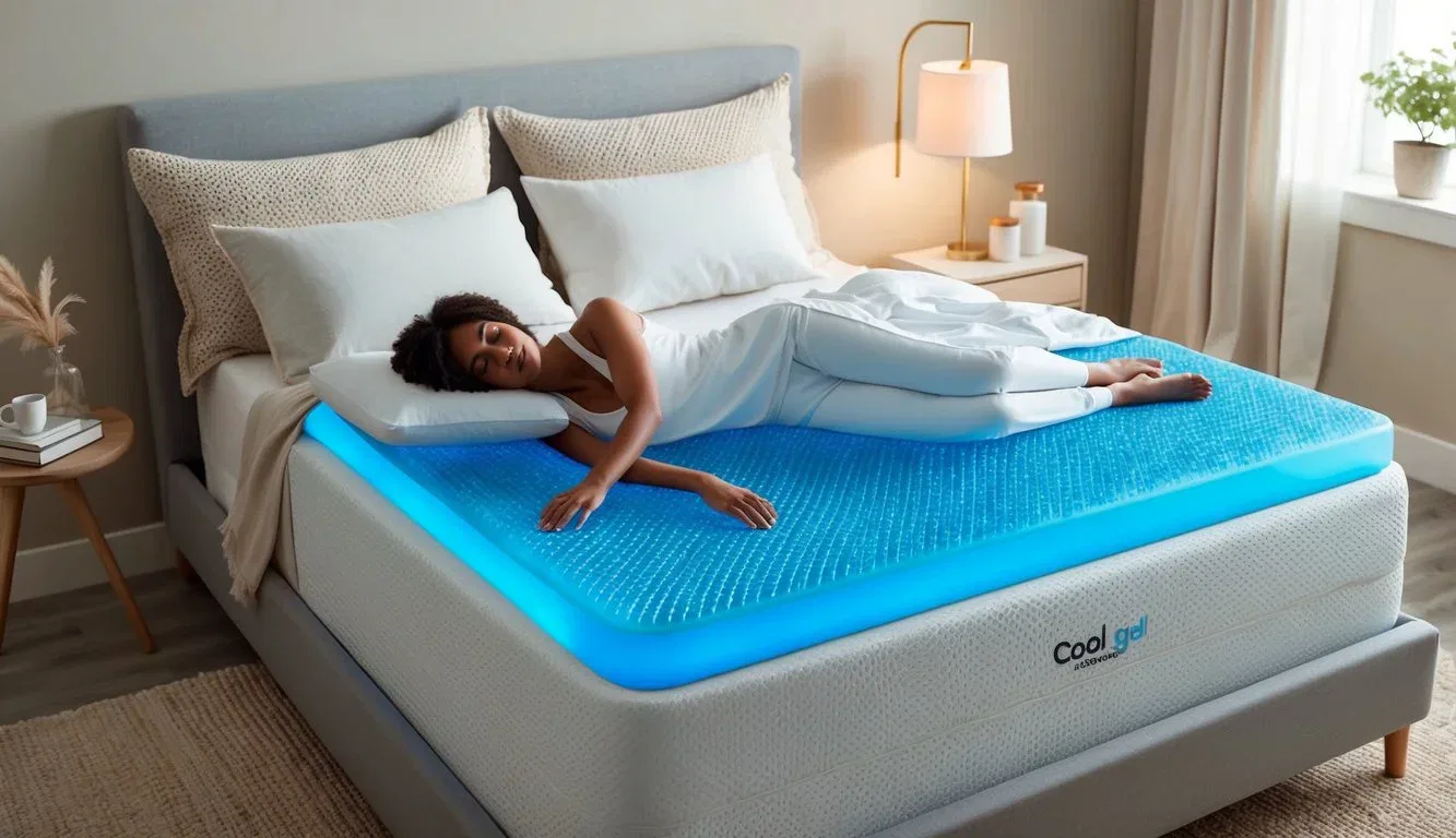 A person lying comfortably on a cool gel mattress, surrounded by a serene and peaceful bedroom setting with soft lighting and a cozy atmosphere