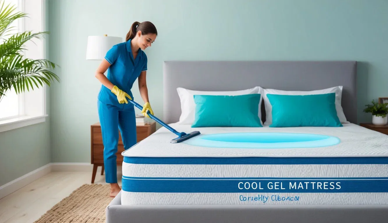 A serene bedroom with a cool gel mattress being carefully cleaned and maintained by a person in the background