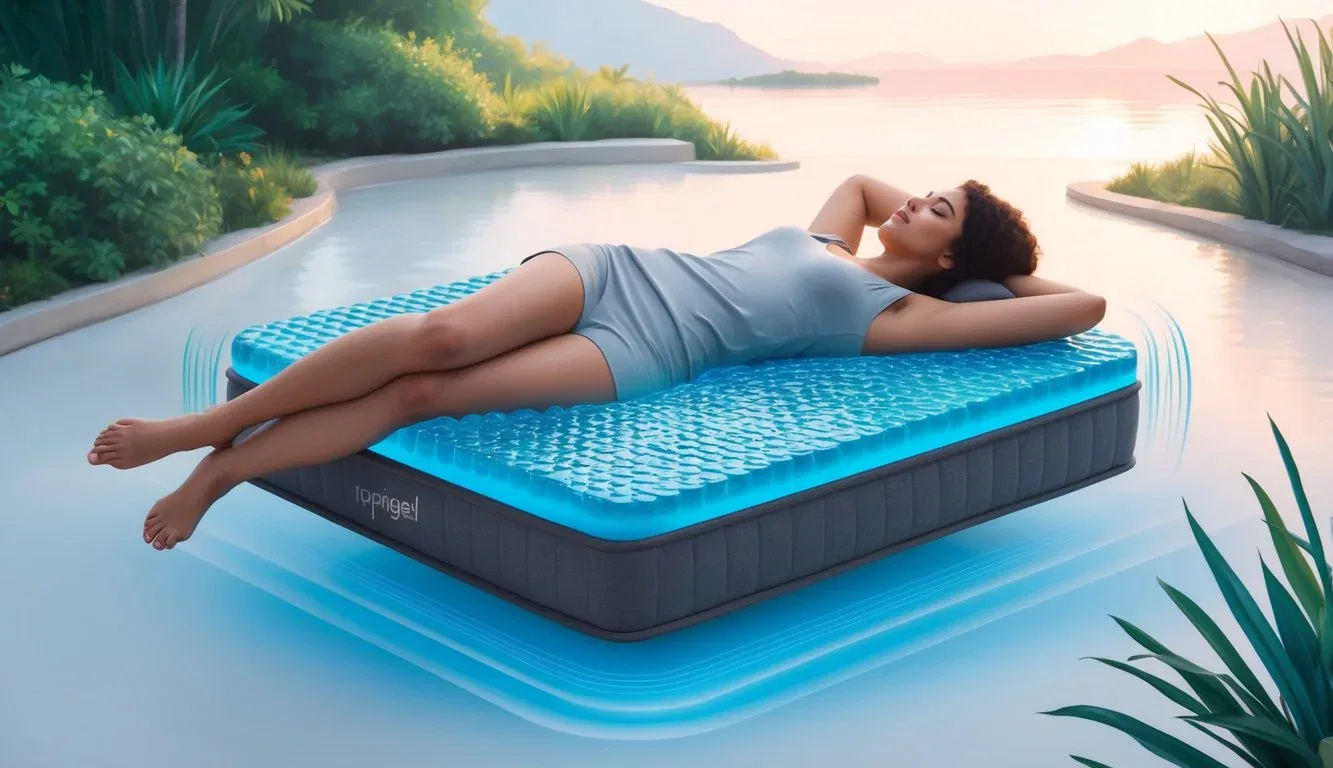 A person lying comfortably on a cool gel mattress, surrounded by a serene and peaceful environment