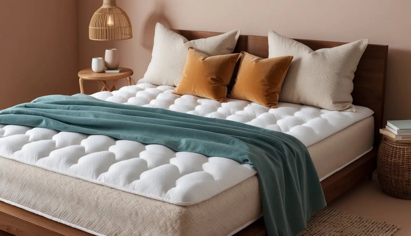 A serene bedroom with a cozy, all-natural mattress made of organic cotton, adorned with soft, inviting pillows and a warm, inviting atmosphere