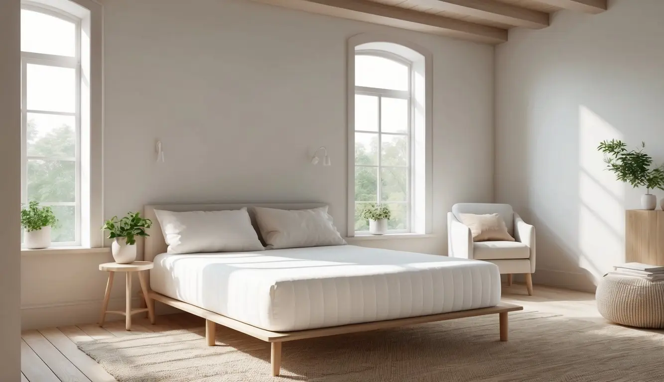 A serene bedroom with a simple, elegant mattress made of organic cotton. The room is filled with natural light, creating a peaceful and inviting atmosphere
