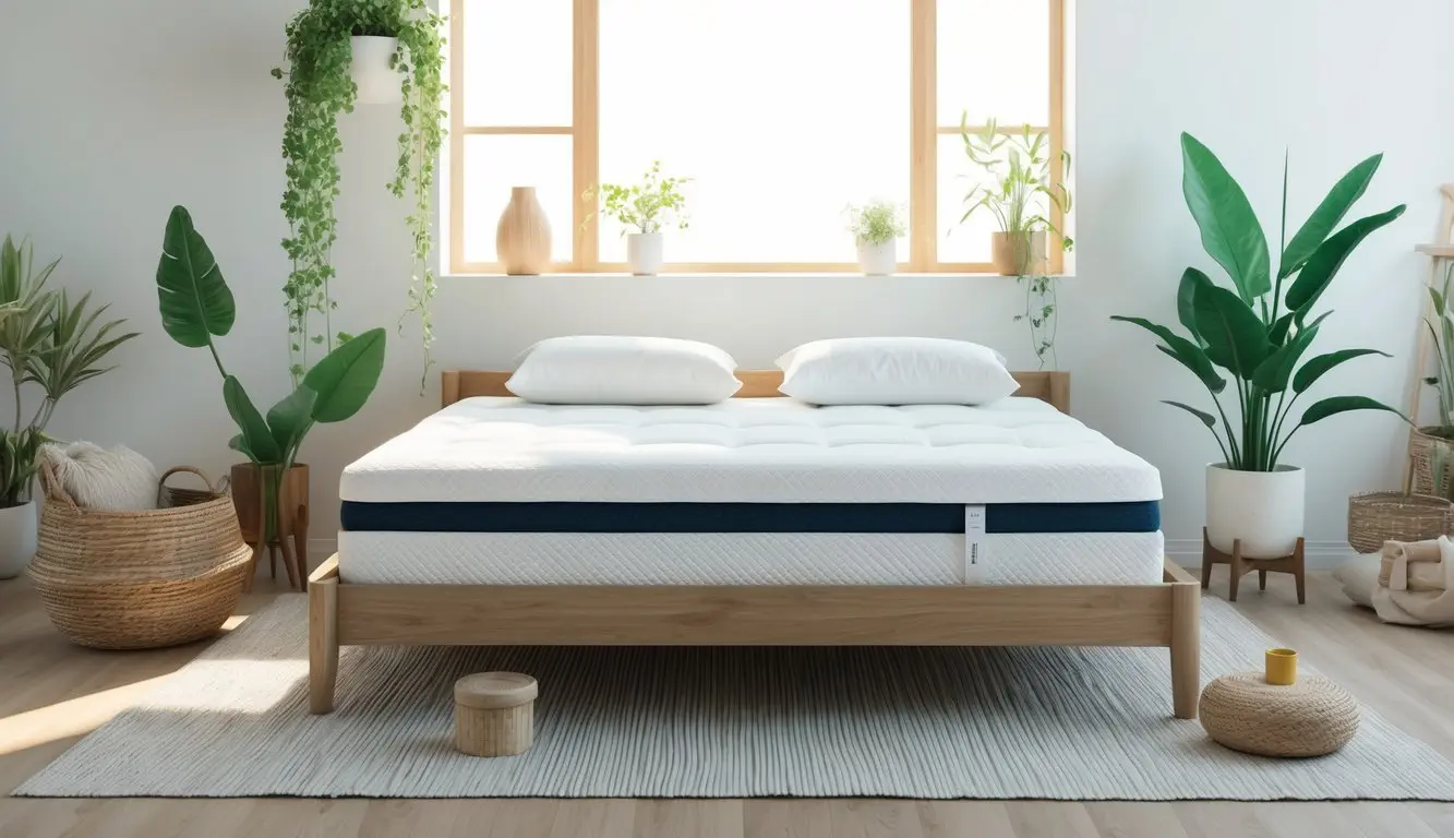 A serene bedroom scene with a comfortable organic cotton mattress as the focal point, surrounded by natural elements such as plants and sunlight streaming through a window