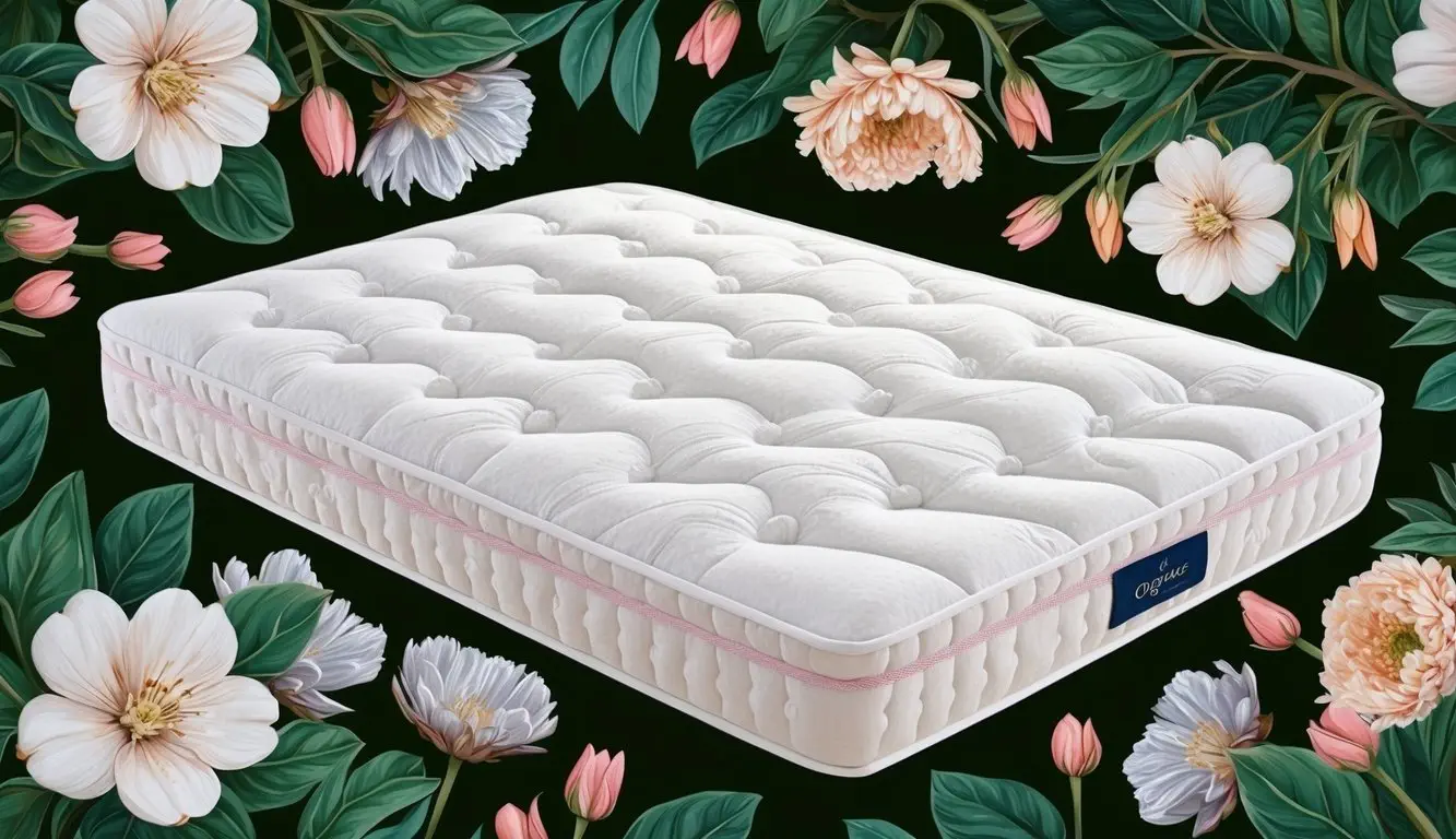An organic cotton mattress surrounded by blooming flowers and green foliage