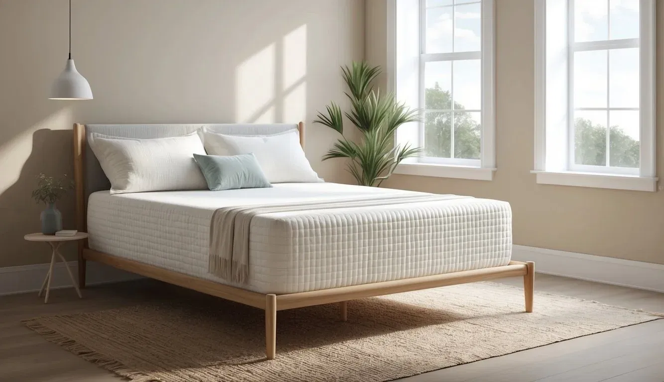 A serene bedroom with a plush, organic cotton mattress and supportive bed frame. Natural light filters through the window, creating a peaceful atmosphere