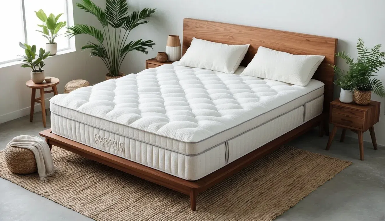 A serene bedroom with a plush, organic cotton mattress as the focal point, surrounded by natural elements such as plants and wooden furniture