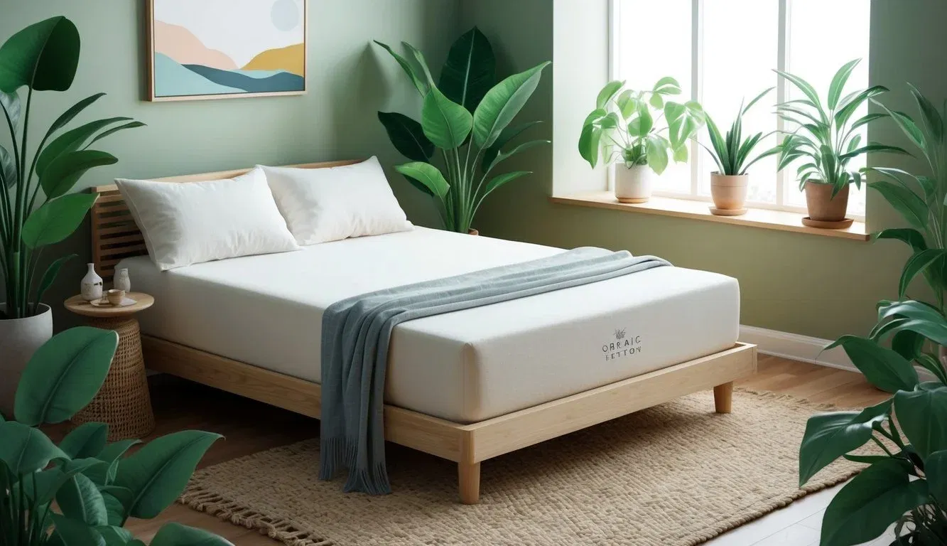 A serene bedroom with a cozy, organic cotton mattress surrounded by lush green plants and natural light filtering in through the window