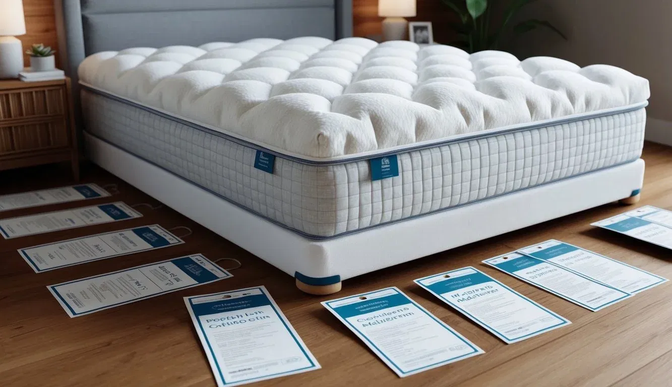 A cozy bedroom with a plush organic cotton mattress surrounded by labels and tags detailing warranties and return policies