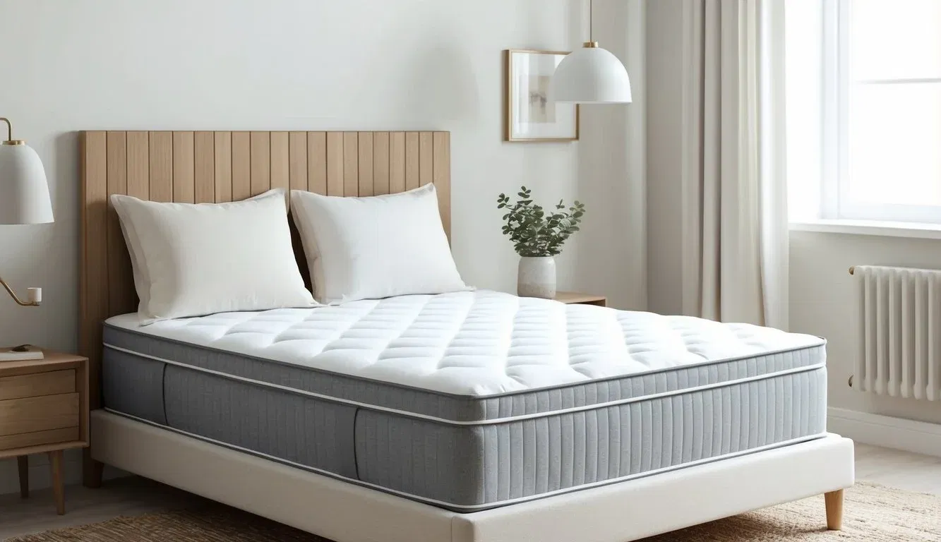 A cozy bedroom with a neatly made bed featuring a luxurious organic cotton mattress as the focal point. The room is bathed in soft, natural light, creating a serene and inviting atmosphere