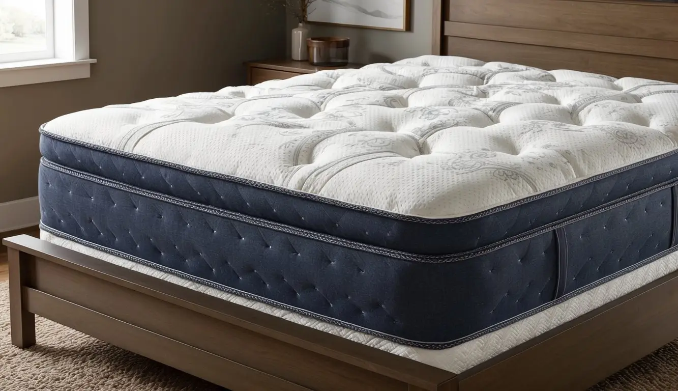 A plush queen mattress with high-quality materials and intricate stitching, resting on a sturdy bed frame in a cozy bedroom setting