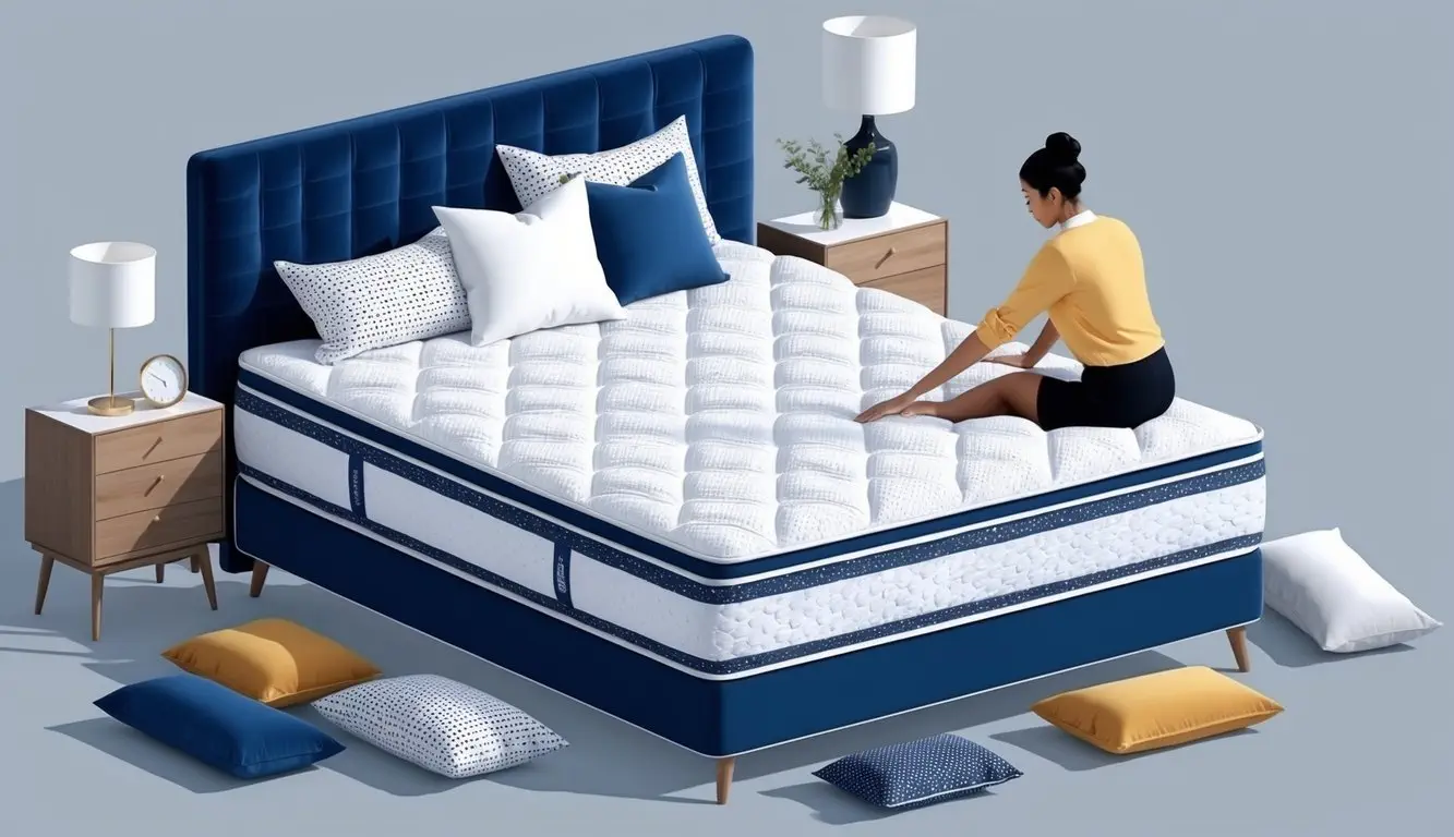 A plush queen mattress surrounded by various bedding options and pillows, with a person testing its comfort