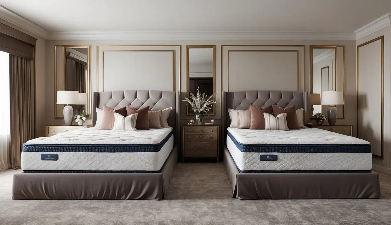 A spacious bedroom with two plush queen mattresses side by side, each adorned with luxurious bedding and surrounded by elegant decor