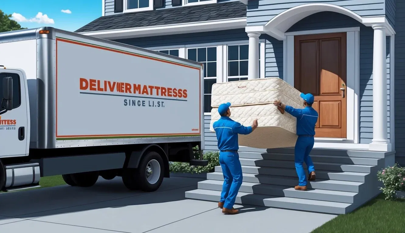 A delivery truck parked outside a house, with a plush queen mattress being carried up the front steps by two delivery workers