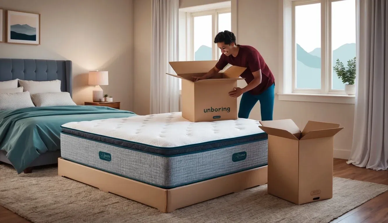 A person unboxing a plush queen mattress in a cozy bedroom with soft lighting and a neatly made bed nearby