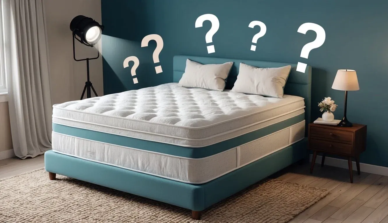 A cozy bedroom with a plush queen mattress surrounded by question marks and a spotlight