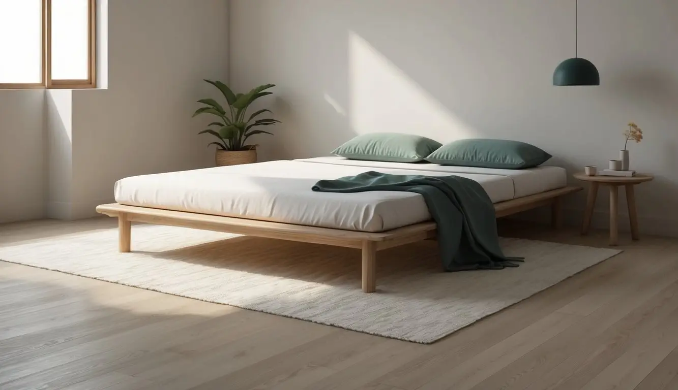 A cozy, minimalist bedroom with a low wooden bed frame and a simple, folded shikibuton mattress on the floor