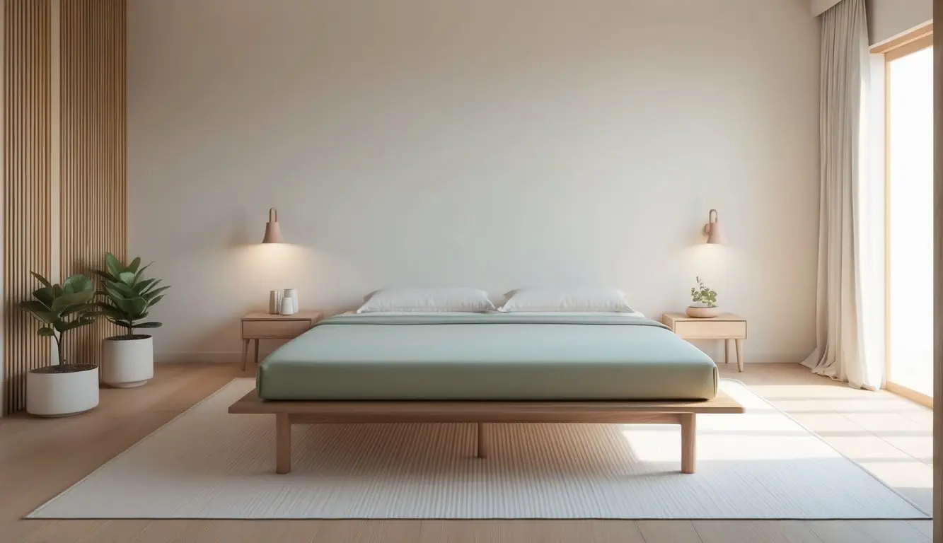 A serene bedroom with a low wooden bed topped with a shikibuton mattress, surrounded by minimalist decor and soft natural lighting